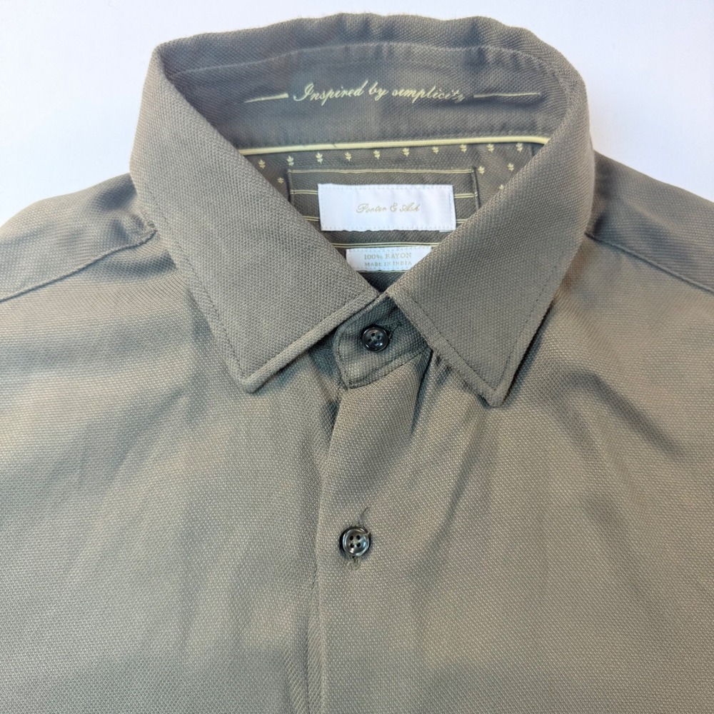 Porter & Ash Rayon Button Up Shirt Mens Medium Olive Textured Long Sleeve Casual